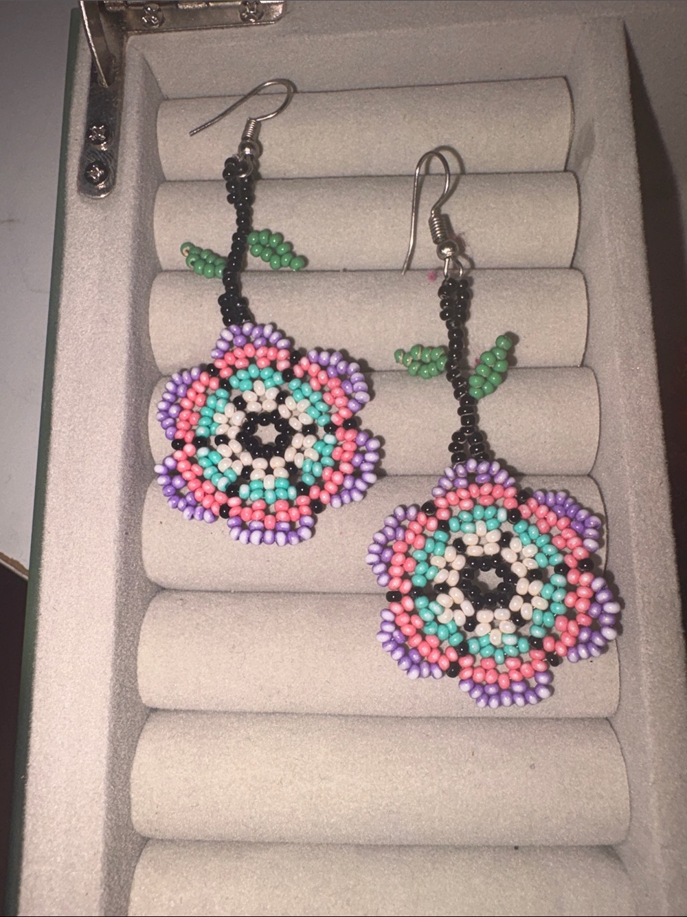 Handcrafted Beaded Flower Dangle Earrings - Purple, Pink & Mint